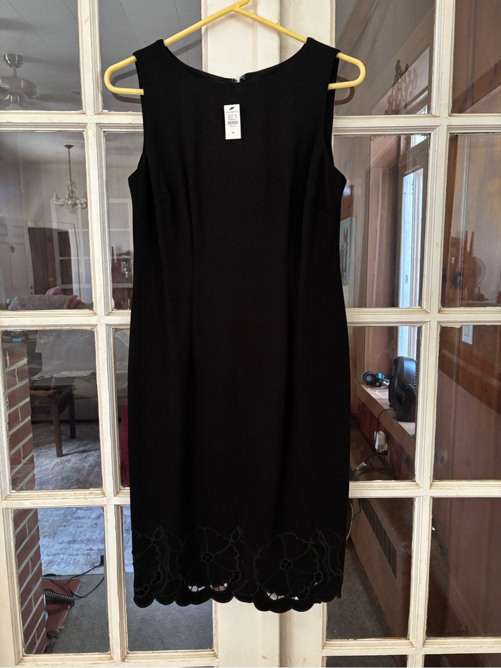 Talbots Black Sleeveless Sheath Dress with Scalloped Floral Hem Cutout
